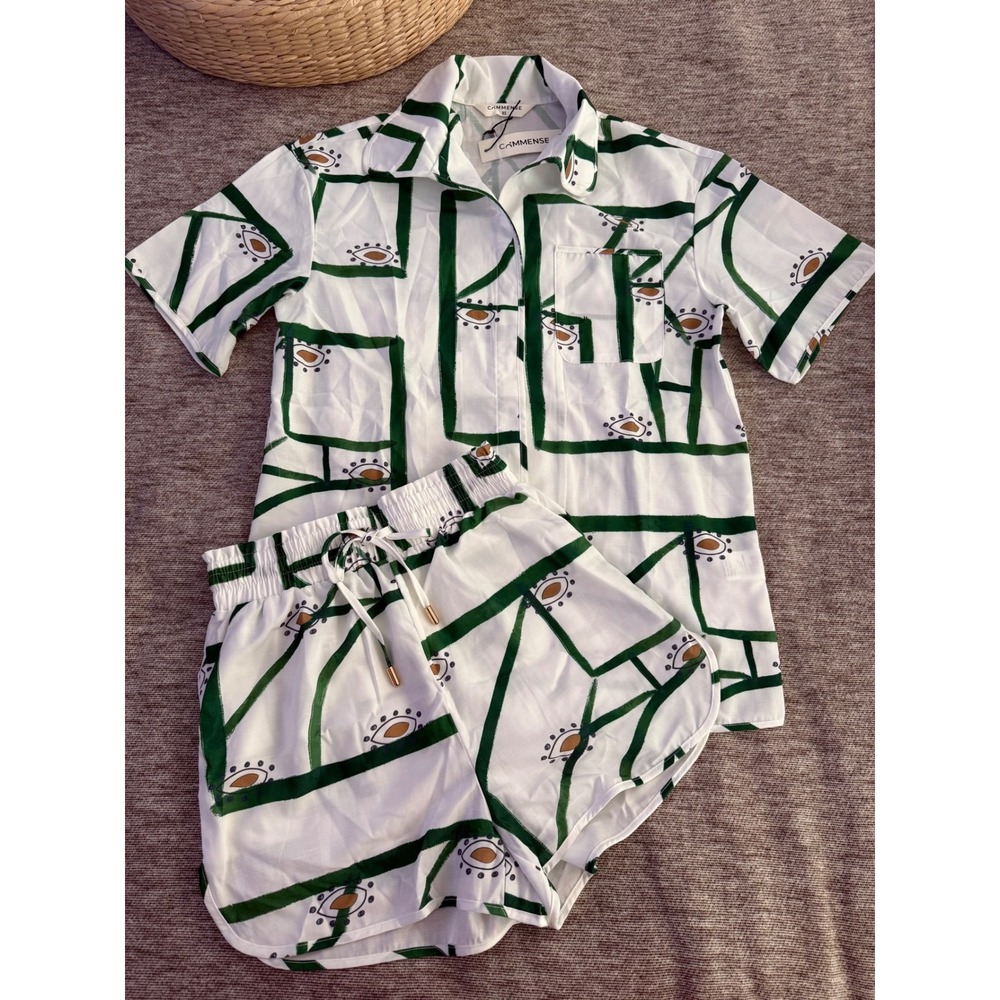 Commense Set Green Abstract Print Button Down Shirt & Drawstring Shorts M - Picture 8 of 16